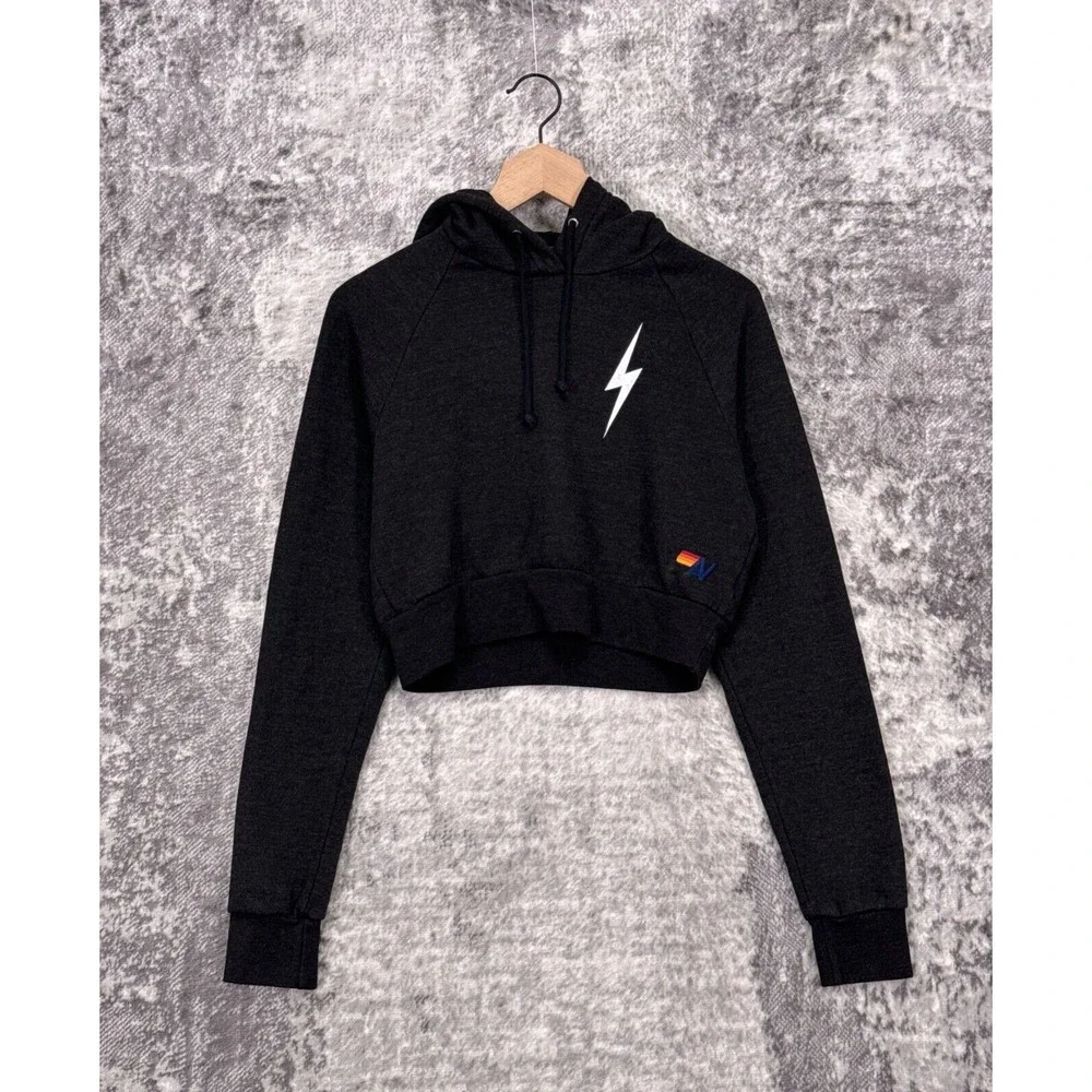 Aviator Nation Hoodie Small Womens Gray Thunderbolt Crop Pullover Sweater